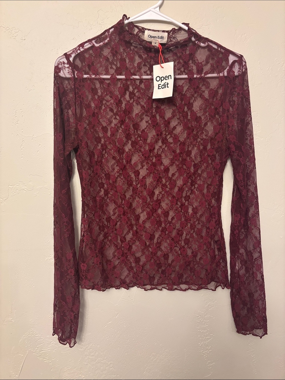 Open Edit Women's Burgundy Lace Floral Long-Sleeve Mesh Top MSRP $38